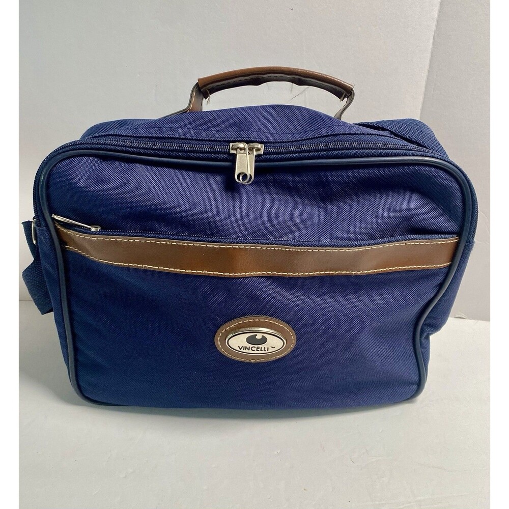 Vincelli Shoulder Ipad Bag Navy Tan w Handle 12x9x4 Zip Closure